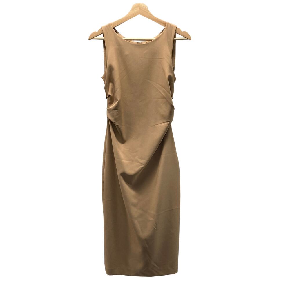 SFERA Collection Midi Pencil Fitted Ruched Dress in Tan